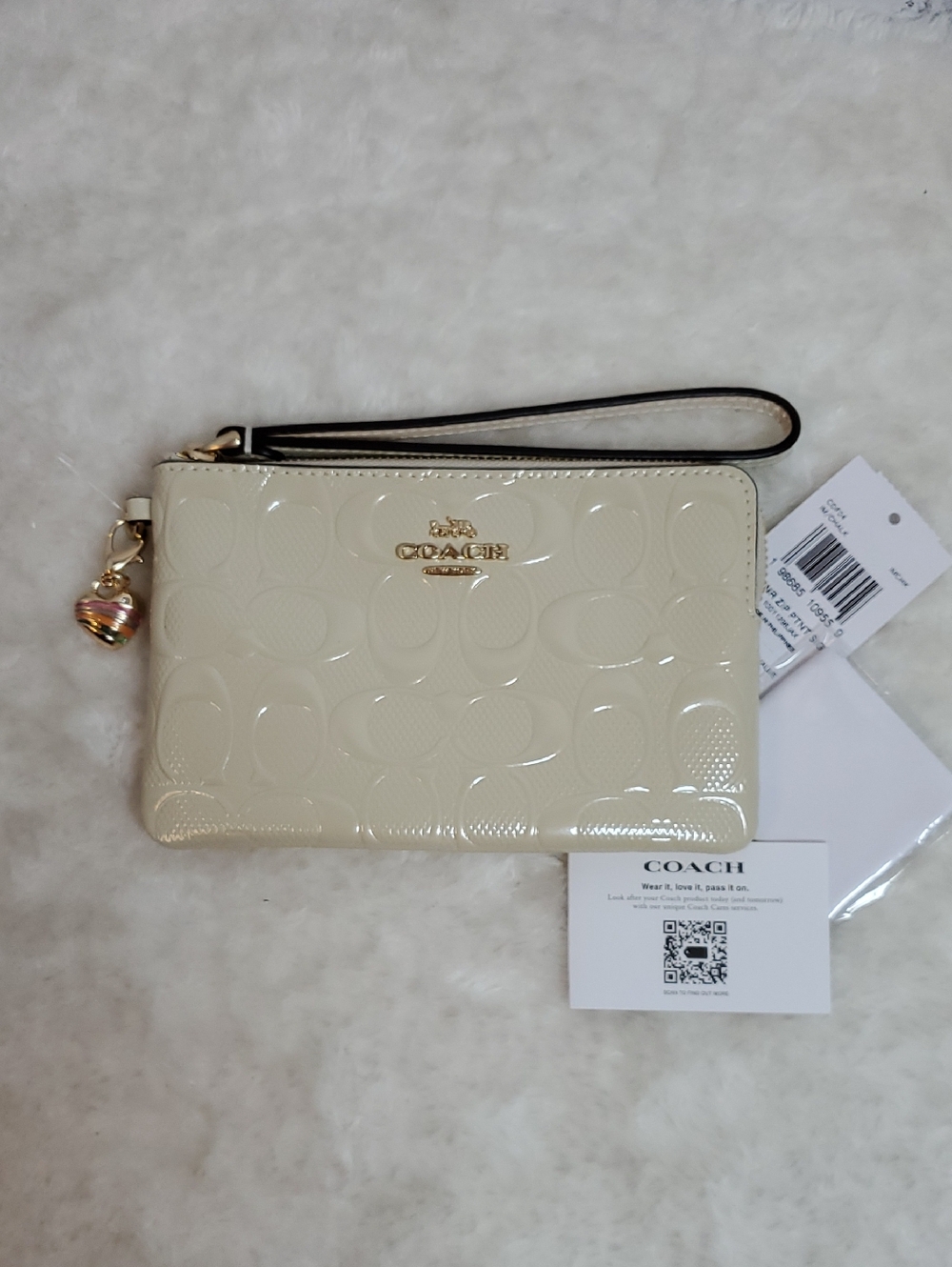Coach Corner Zip Wristlet In Chalk Signature Patent Leather W/ Gold Charm NWT